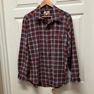 Woolrich cotton plaid shirt, button down long sleeve, burgundy red, blue, L